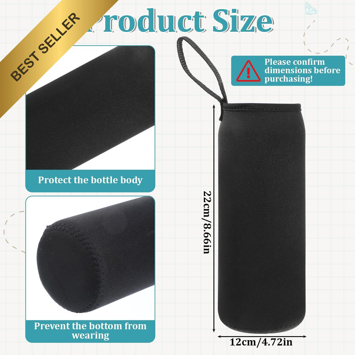 Neoprene Water Bottle Sleeve Carrier Cover 1000ml Insulated Pouch Set - Black