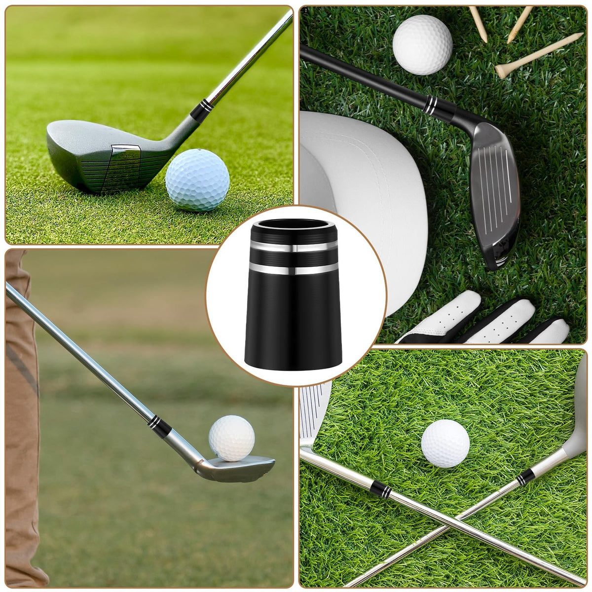 Golf Iron Ferrules Set - Double Silver Ring Black Taper Tips 0.370 Inch, 10 Pack