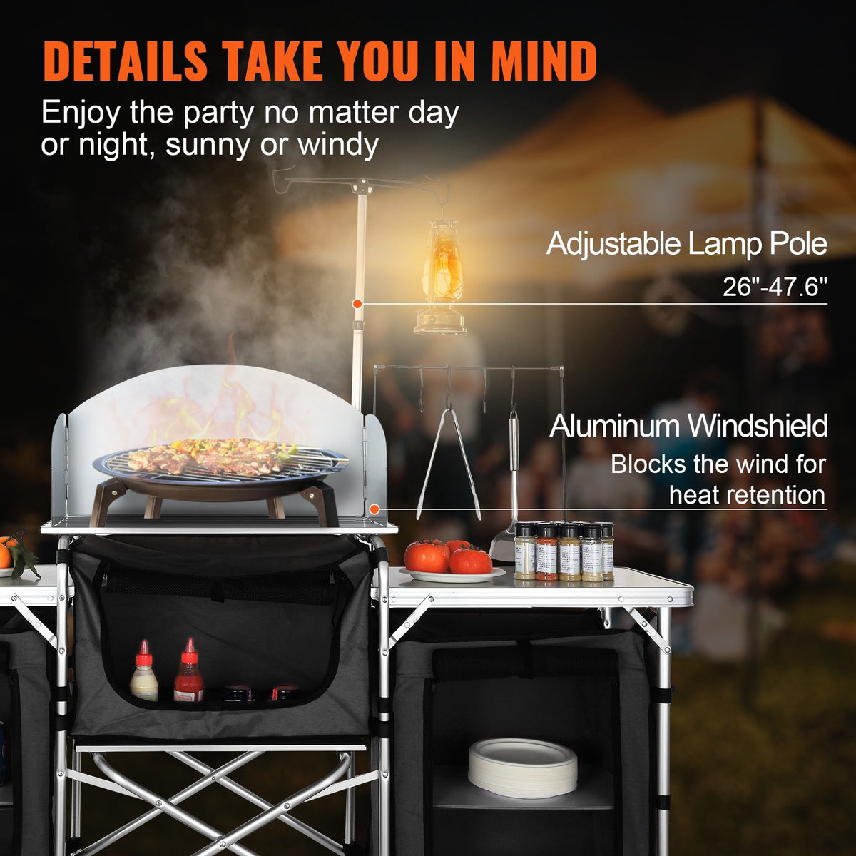 Portable Camping Kitchen Table with 3 Cupboards Folding Outdoor Food Prep Station