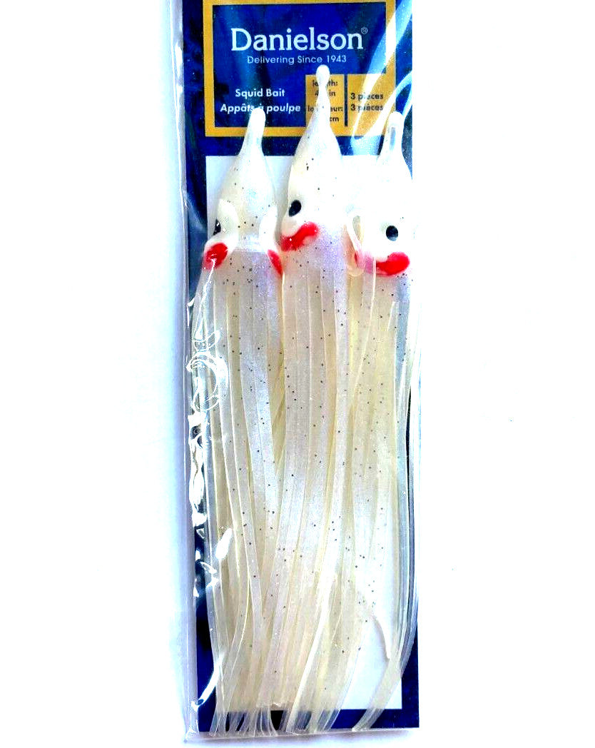 Pearl Glow Squid Baits - 4.5 Inch Fishing Lures for Salmon and Larger Gamefish (4 Pack)
