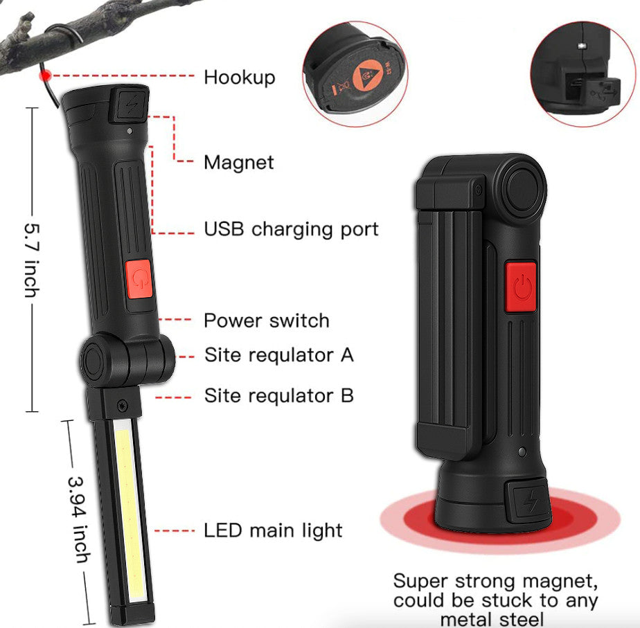 Rechargeable LED Work Light with Magnetic Base and 360° Rotating Head – Bright Mechanic Flashlight