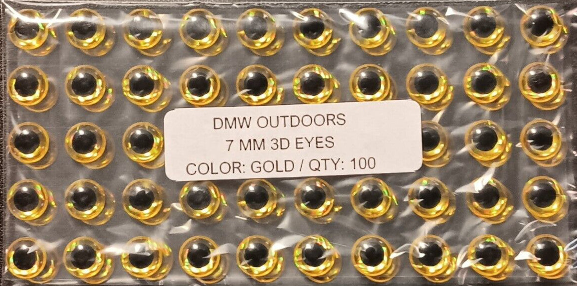 Holographic Gold 3D Fish Eyes for Fly Tying, Lures, Jigs - 7mm, 100 Pack