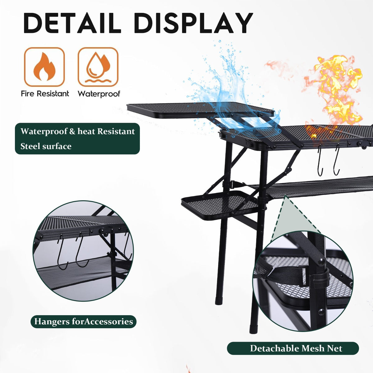 Portable Camping Folding Table with Side Shelves and Storage
