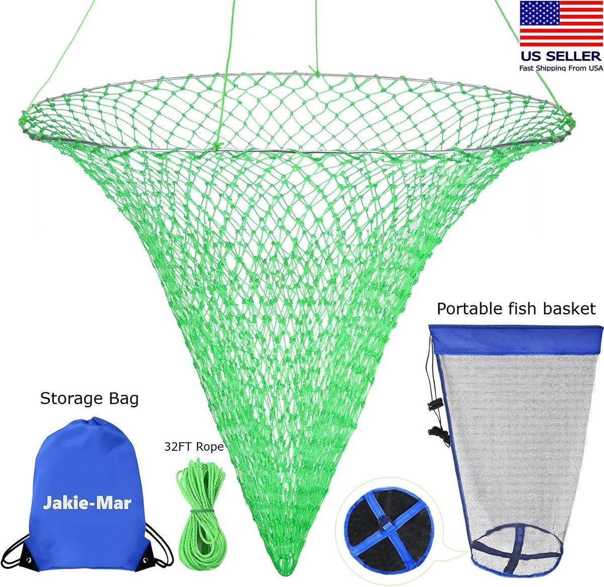Foldable Fishing Net Set for Pier and Shoreline Catching - Portable Rubber Fish Basket & Storage Bag