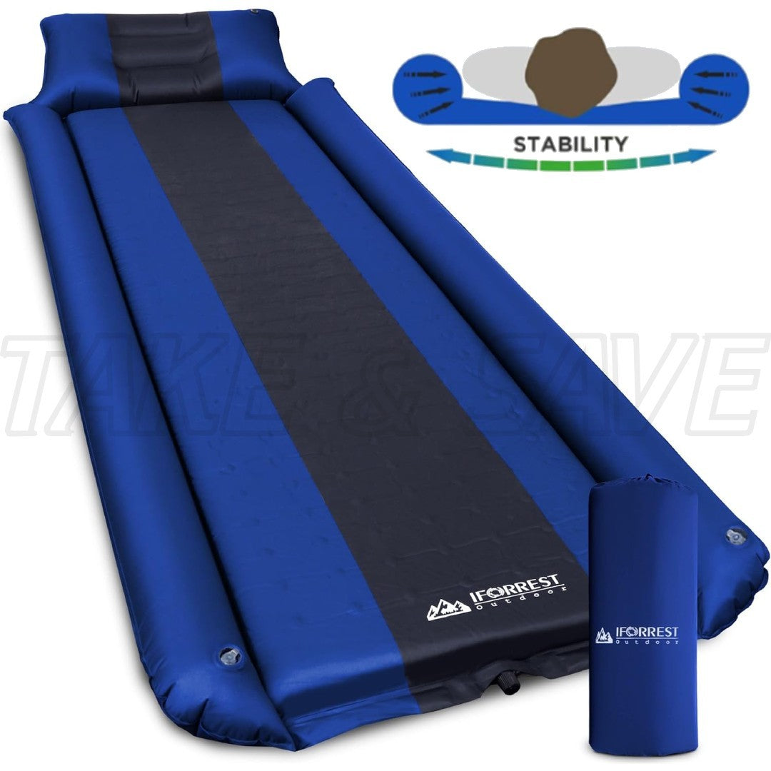 Self-Inflating Camping Sleeping Pad with Pillow & Armrest - Extra Thick 2 Inch