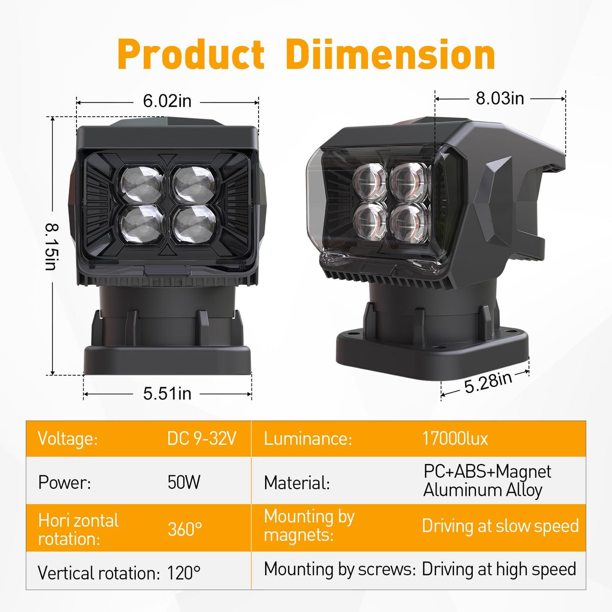 Remote Control LED Spotlight for Truck Off-Road Search Light 50W 360°
