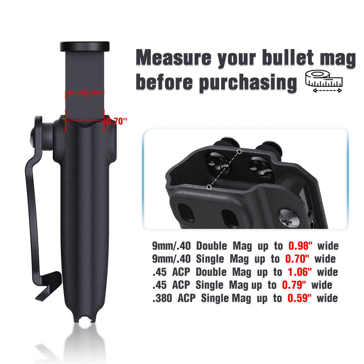 Kydex Magazine Holster for 9mm/.40/.45ACP - Ambidextrous IWB/OWB Double & Single Stack