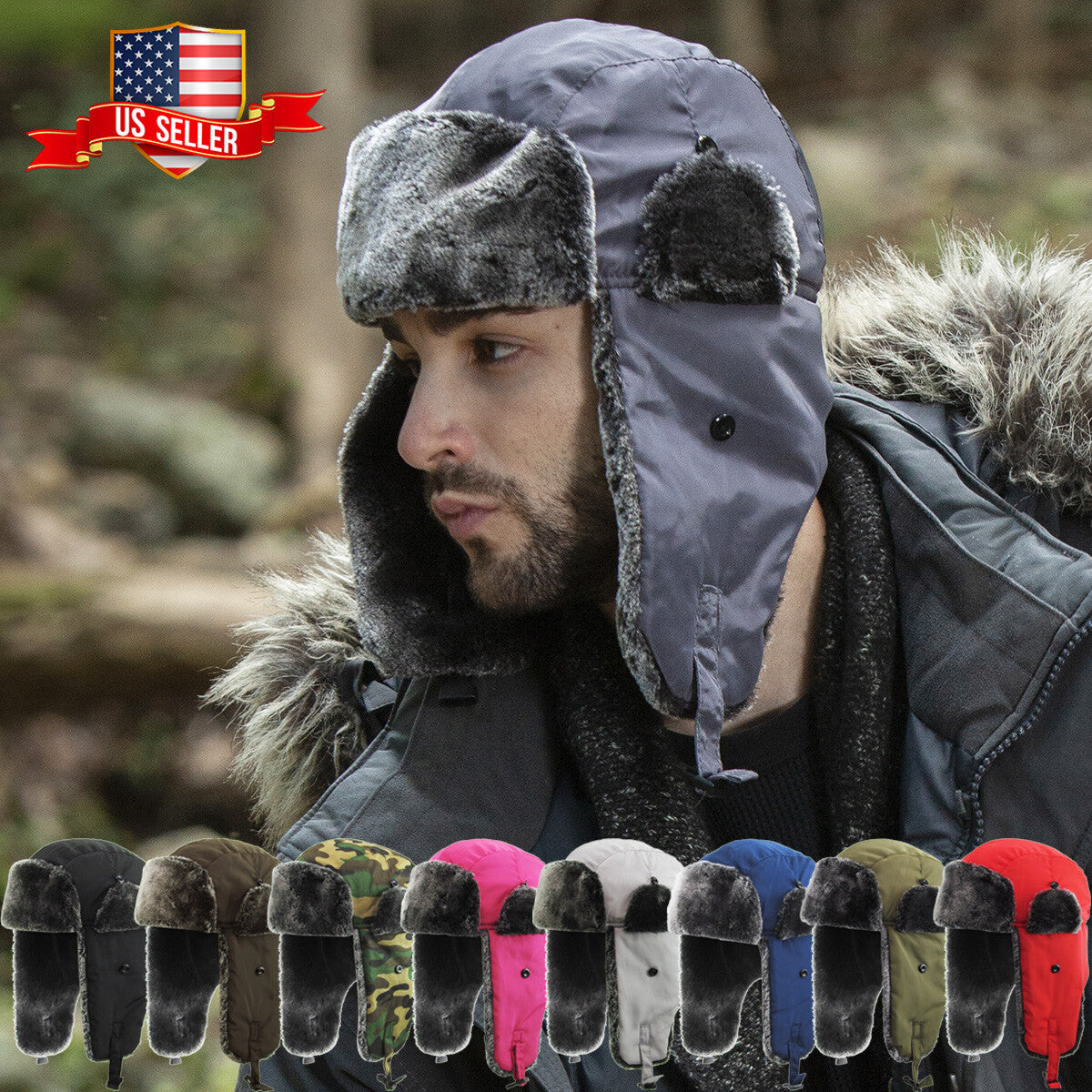 Solid Camo Soft Fur Aviator Trapper Winter Hat Ski Warm Cap