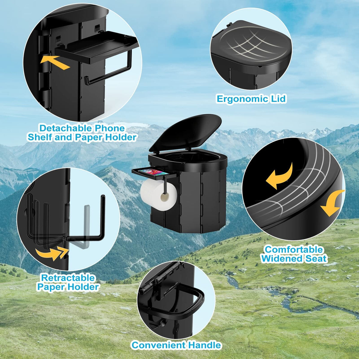 Portable Camping Toilet with Phone Shelf and Toilet Paper Holder