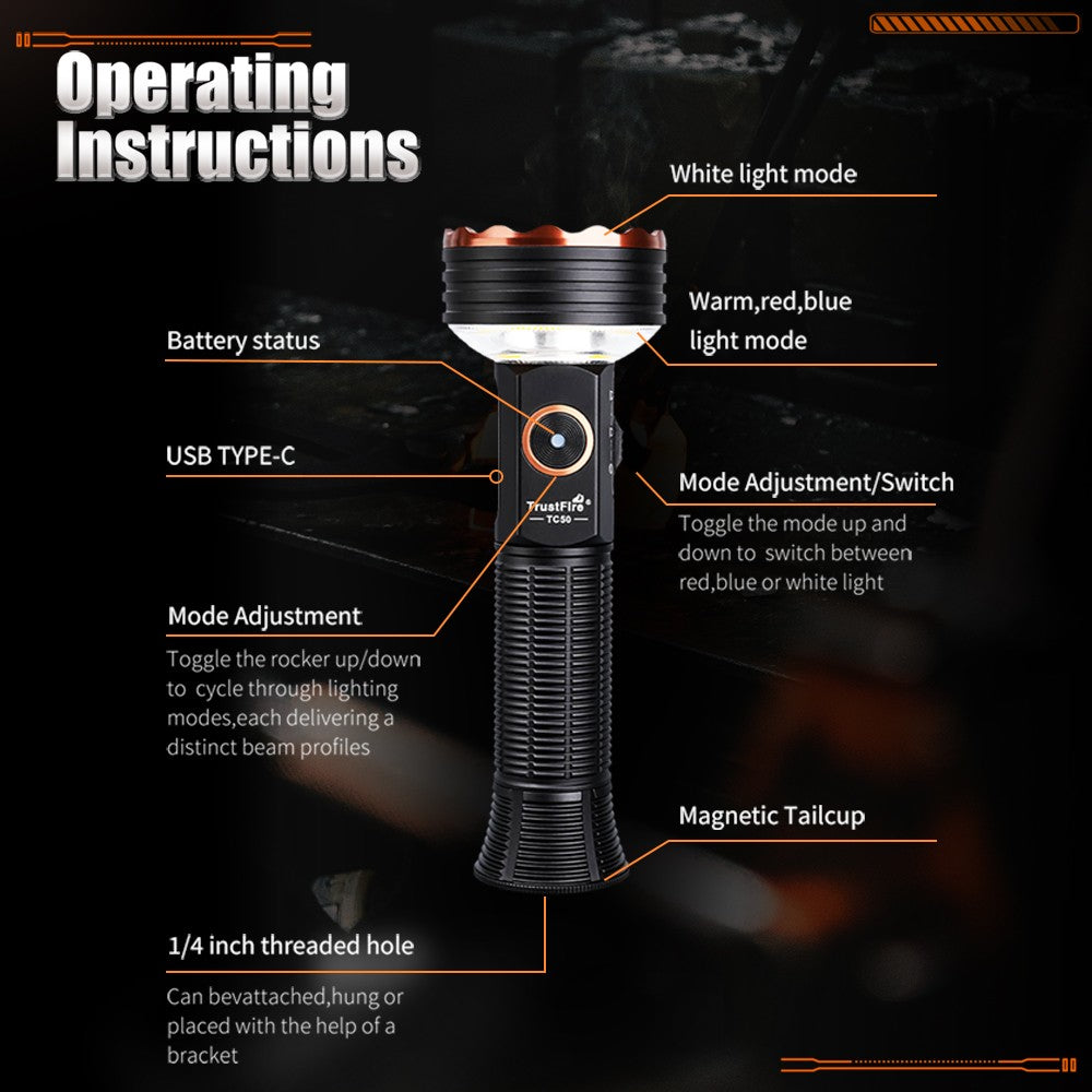 High-Performance Rechargeable LED Flashlight with Magnetic Base Waterproof 5100 Lumens