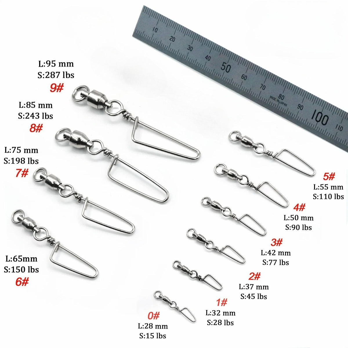 50PCS Ball Bearing Swivel with Lock Snap Fishing Tackle Connectors - Saltwater & Freshwater Use