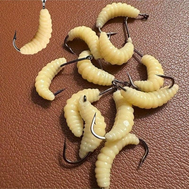 60 Pcs Rubber Maggot Lures Set with Hooks for Freshwater Fishing