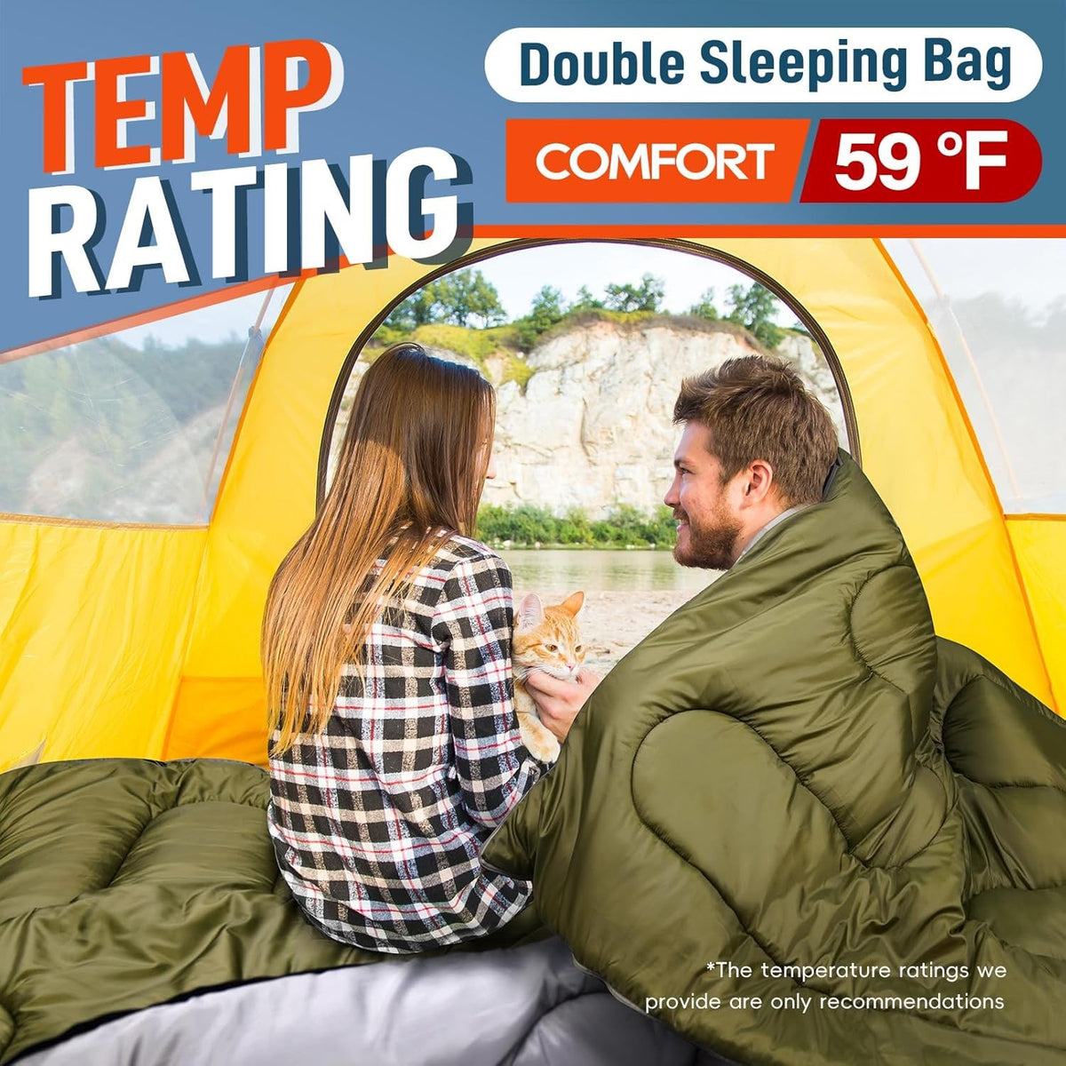 Double Sleeping Bag for Adults Queen Size XL, 2-Person Waterproof Camping Bed with 2 Pillows