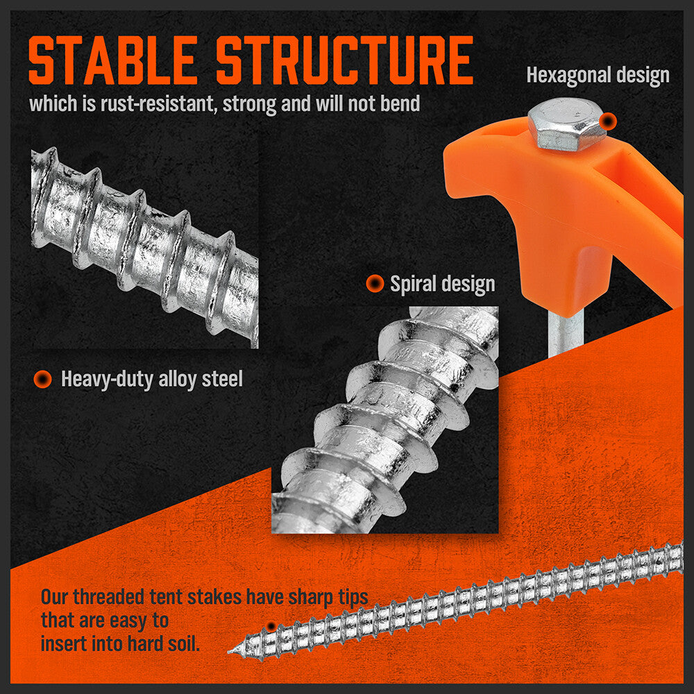 Heavy Duty Tent Stakes with Ropes and Hook - Steel Camping Pegs Set