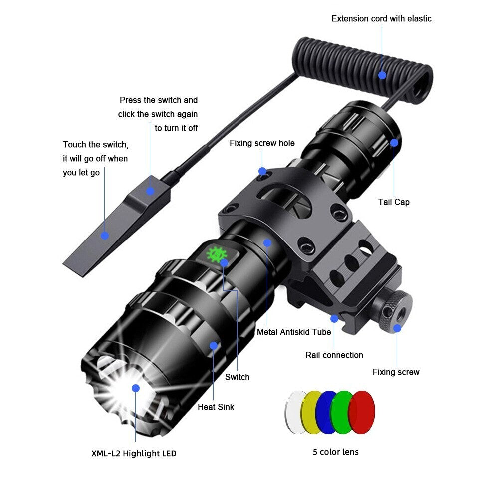 Tactical Waterproof USB Rechargeable Flashlight Kit for Outdoor Hunting Camping