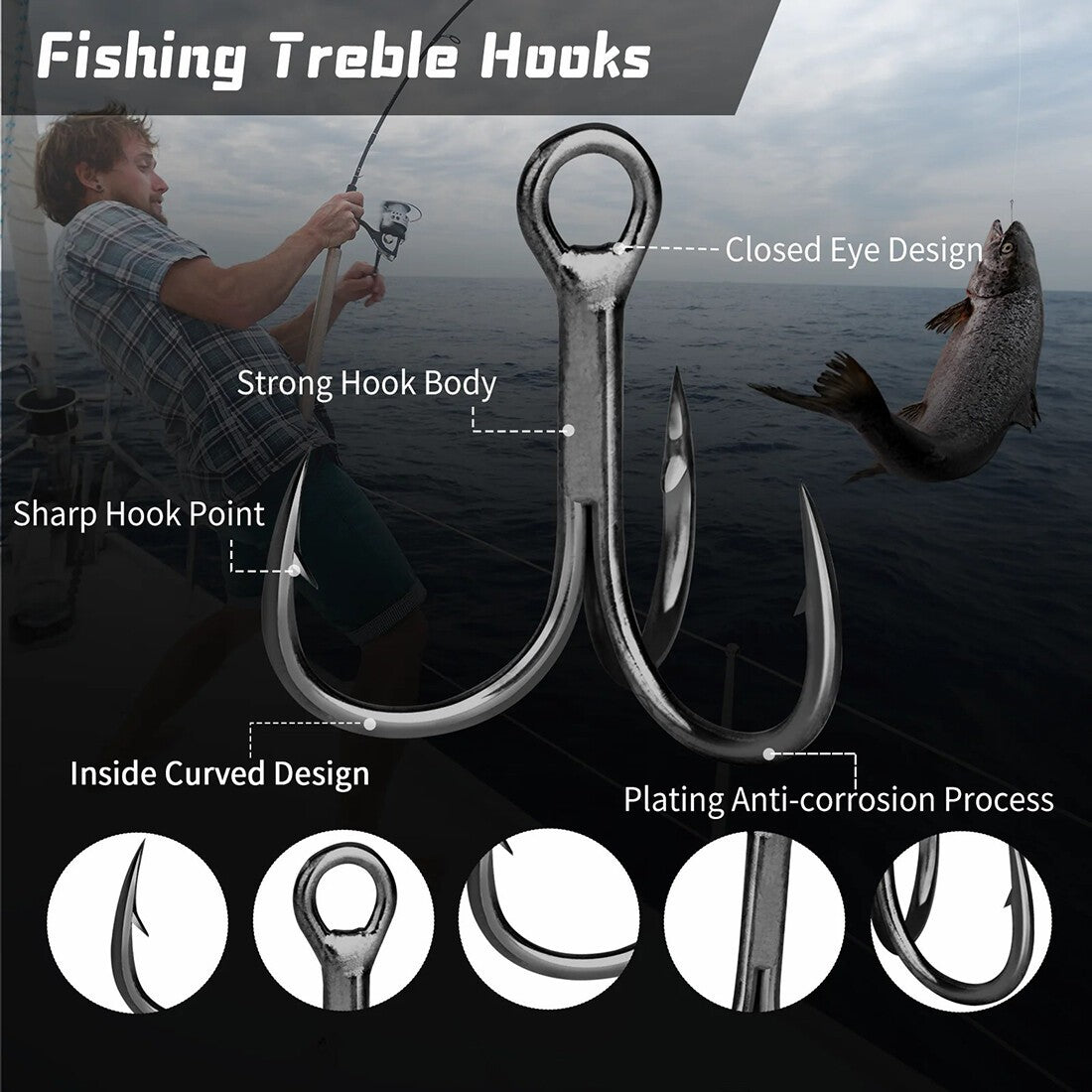 100PCS Carbon Steel Treble Fishing Hooks - Sharp & Durable