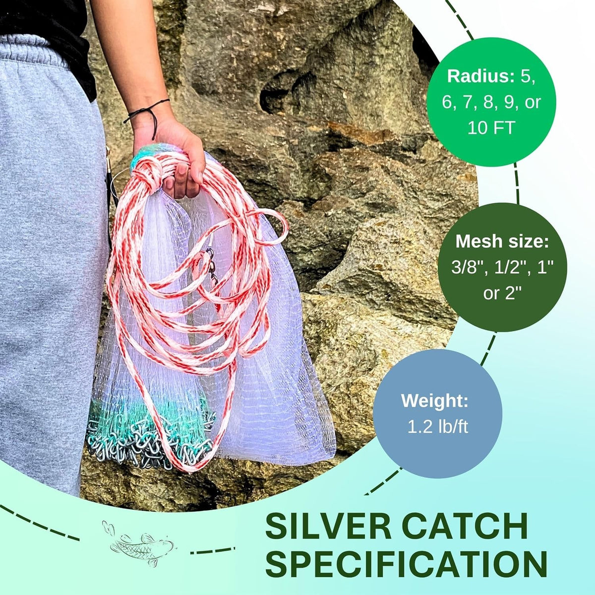 Cast Net for Bait Fishing Monofilament Nylon Heavy-Duty 3/8" Mesh, Multiple Sizes