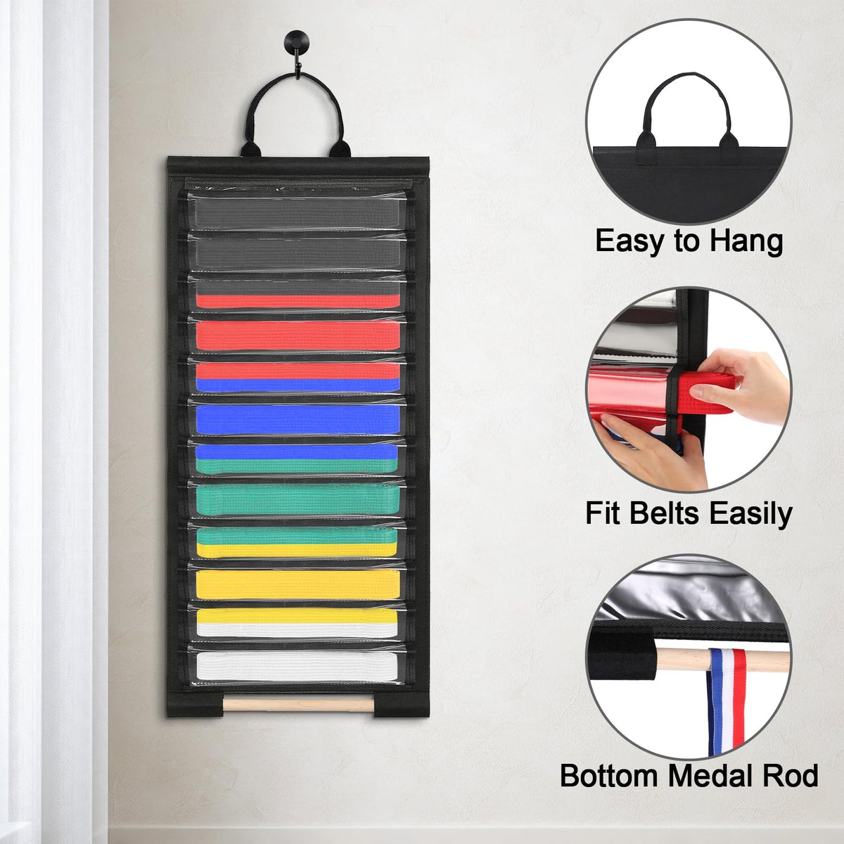 Wall-Mounted 12-Belt Display Rack with Dust-Free Slot Shelves, Martial Arts Organizer