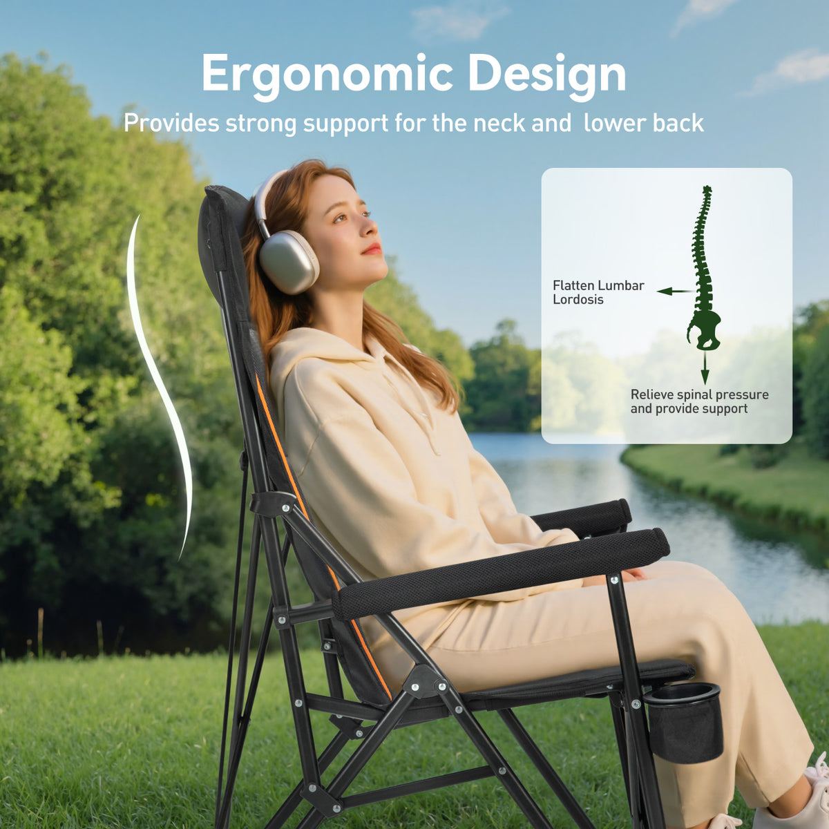 Heavy Duty Oversized Camping Chair with High Back Support - Portable 500LBS Black