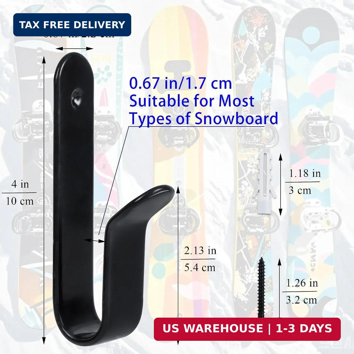 Snowboard Wall Mount Clips - 4 Pack Wall Rack for Snowboards & Skateboards