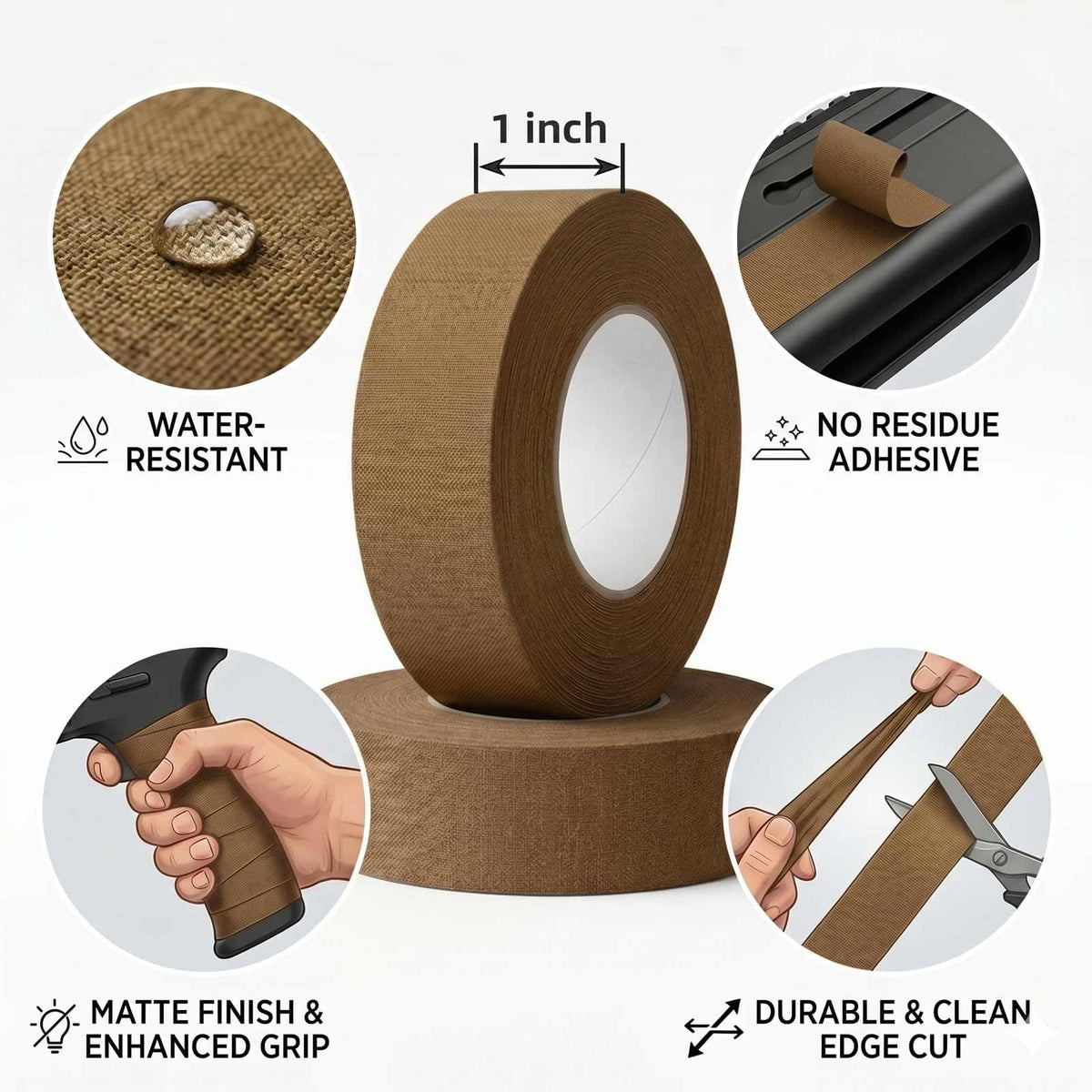Gun Grip Tape Non-Reflective No Residue Coyote Brown 2 Rolls