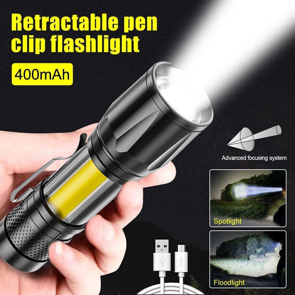 Rechargeable LED Flashlight Torch with Zoomable COB Light for Camping