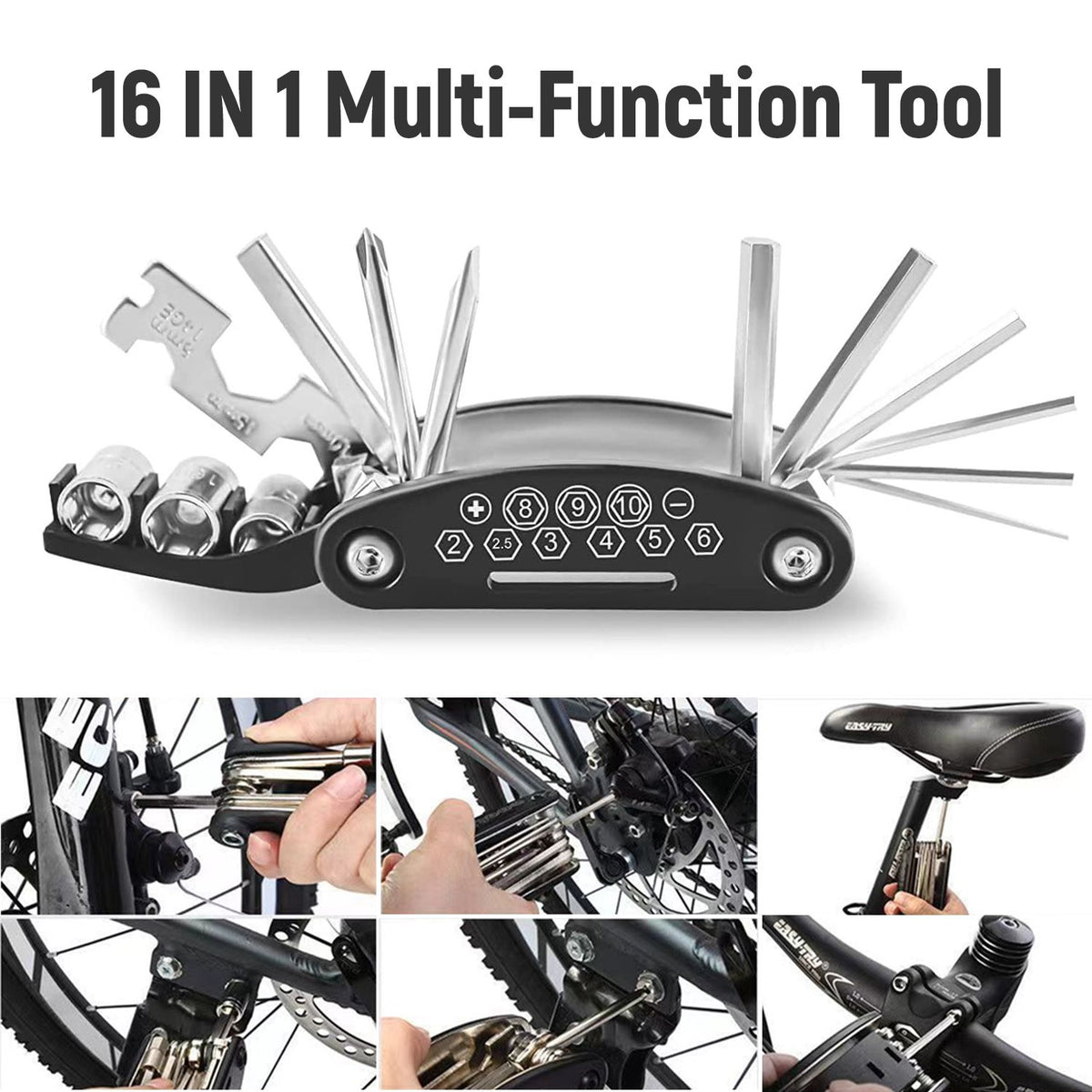 Bike Repair Kit with Water-Resistant Storage Bag 16-in-1 Multi-Tool & Tire Patches