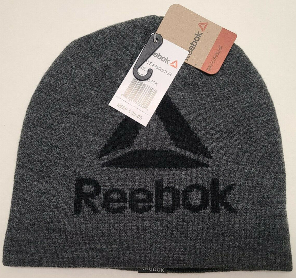 Reebok Men's Reversible Beanie Hat Black One Size Warm Knit Hat