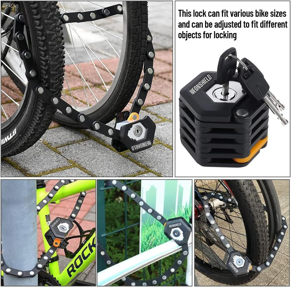 Heavy Duty Folding Bike Chain Lock with Mount and Glow-in-Dark Feature