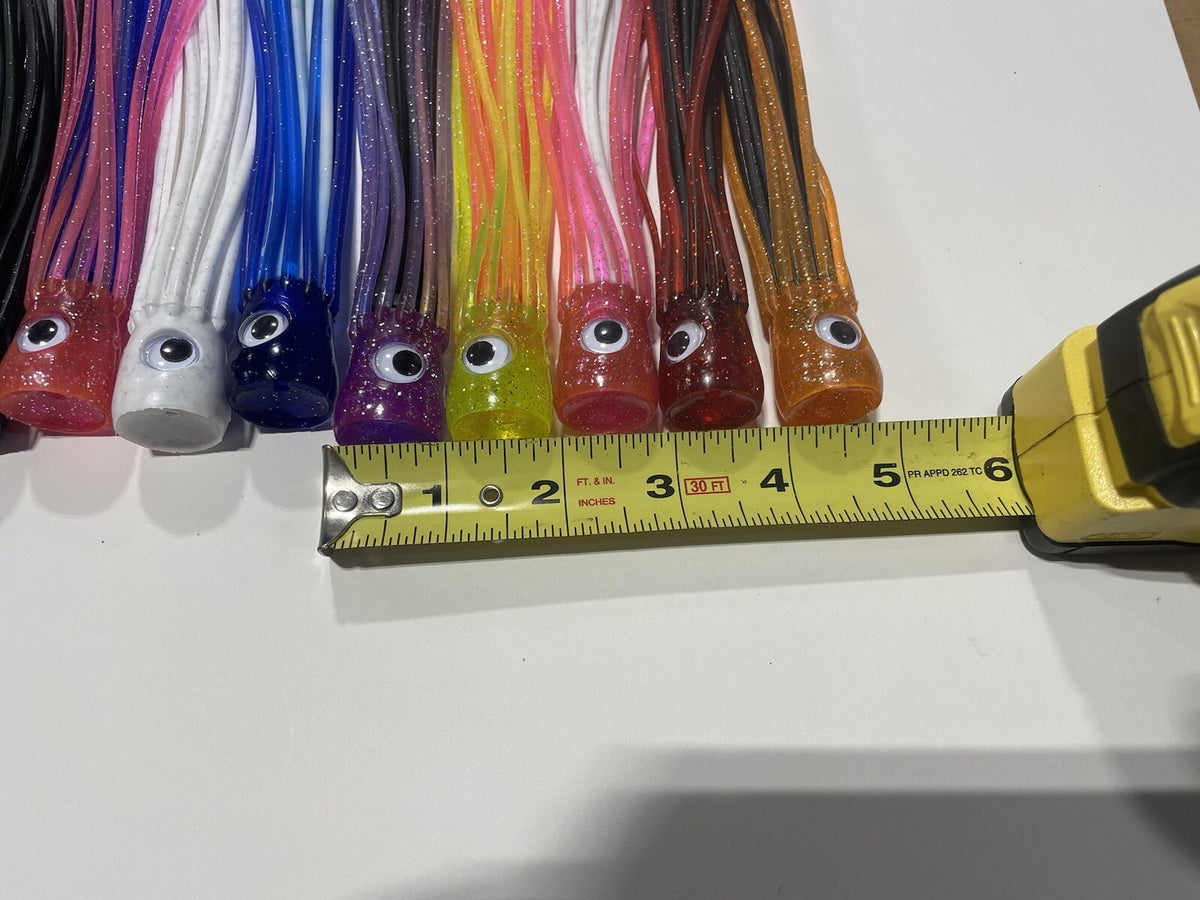 Fishing Trolling Skirts 10 Pack for Tuna Mahi Wahoo - Glitter Moving Eyes