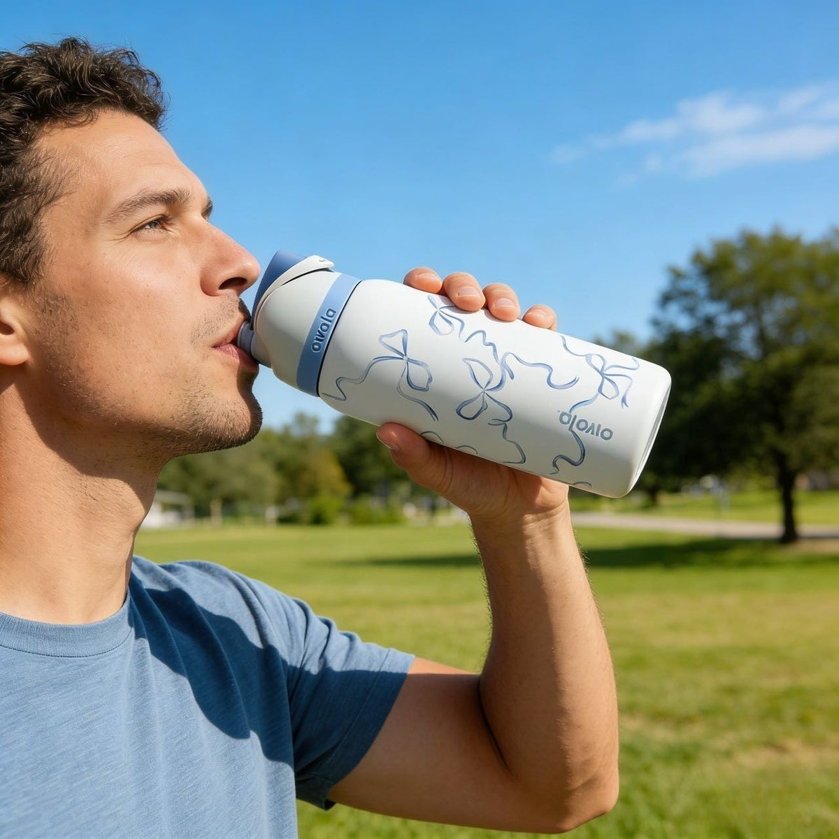 32oz Water Bottle with Straw - Blue Bows, Sporty Design, Gift Box Included