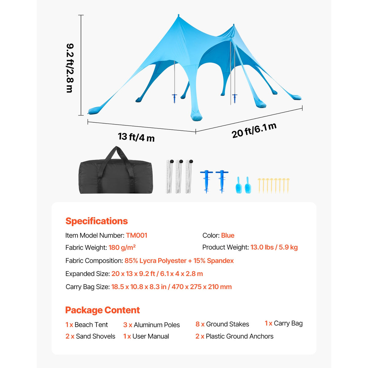 Portable Beach Tent Sun Shade Canopy 20x13 ft UPF50+ Outdoor Shelter