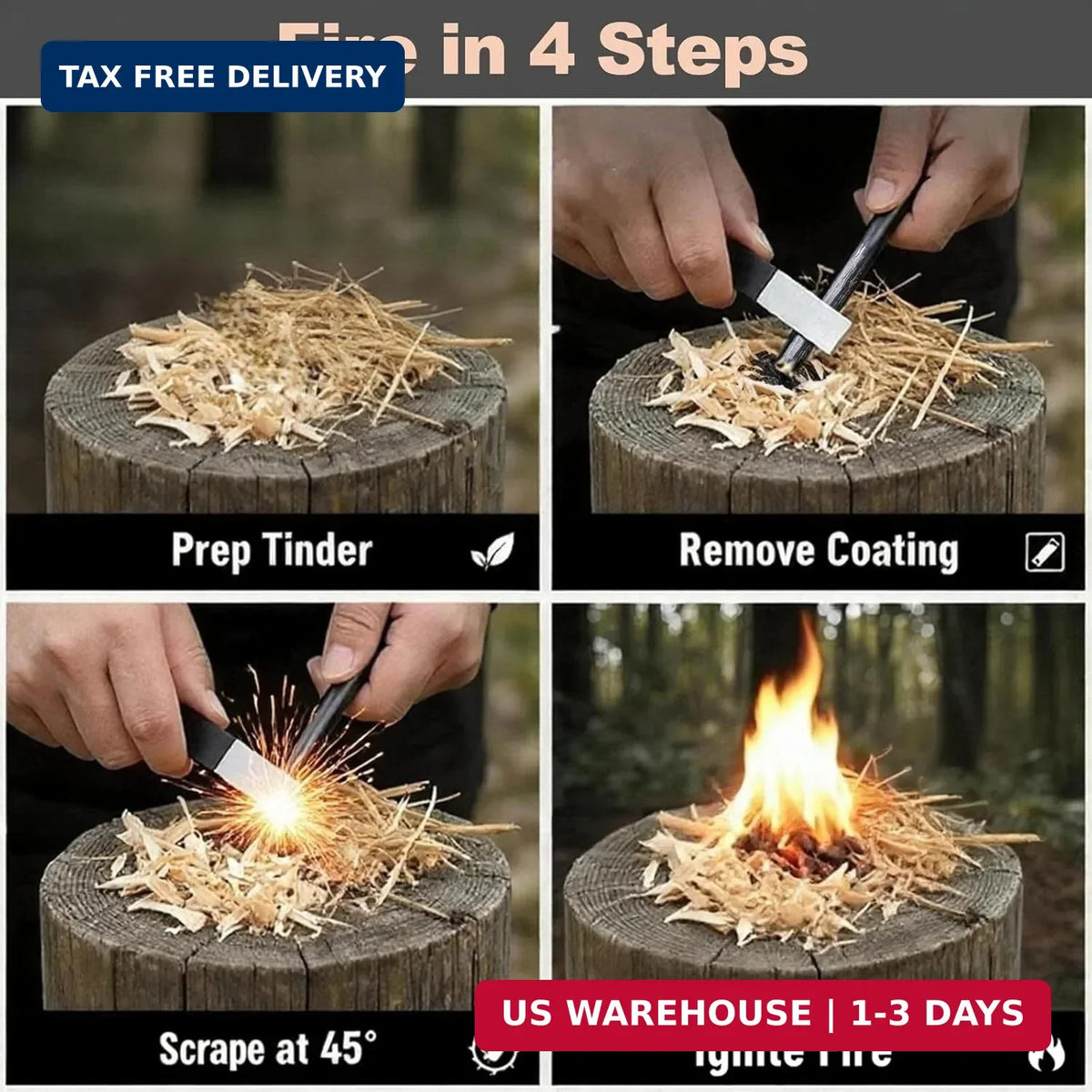 4-Inch Waterproof Ferro Rod Fire Starter Kit with Striker for Camping