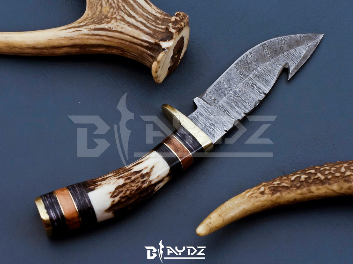 Damascus Steel Hunting Knife with Stag Antler Handle and Leather Sheath - Fixed Blade