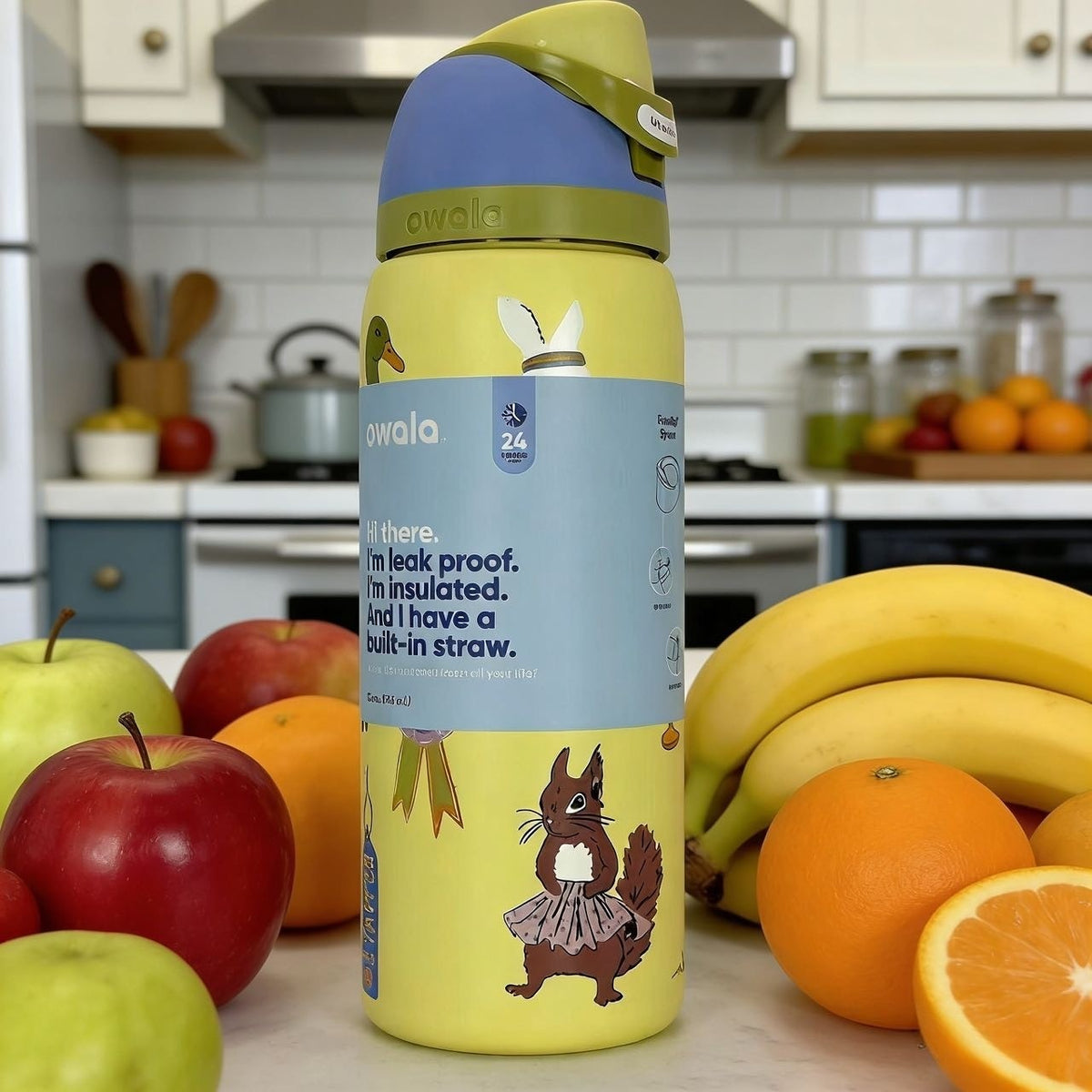 32oz Stainless Steel Water Bottle with Flip Lock & Straw - Party Animals Design