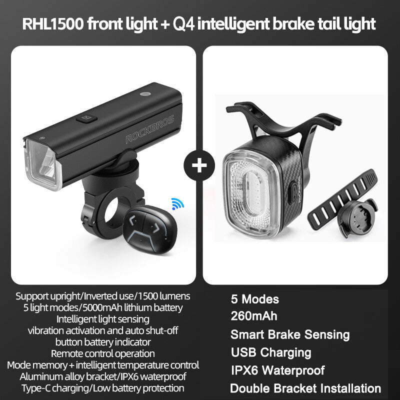 High Brightness Bike Front & Rear Light Set USB-C LED Headlight 1500LM