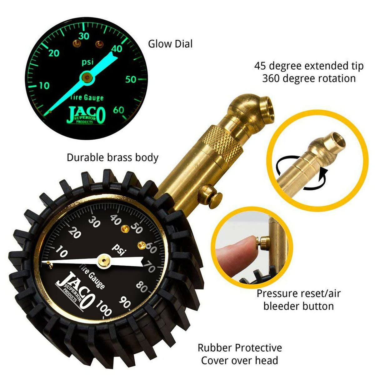 Analog Tire Pressure Gauge 0-100 PSI with Glow Dial & Built-in Bleeder Valve