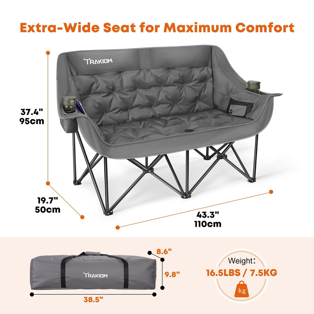 Heavy Duty Outdoor Loveseat - Double Camping Chair Supports 800LB