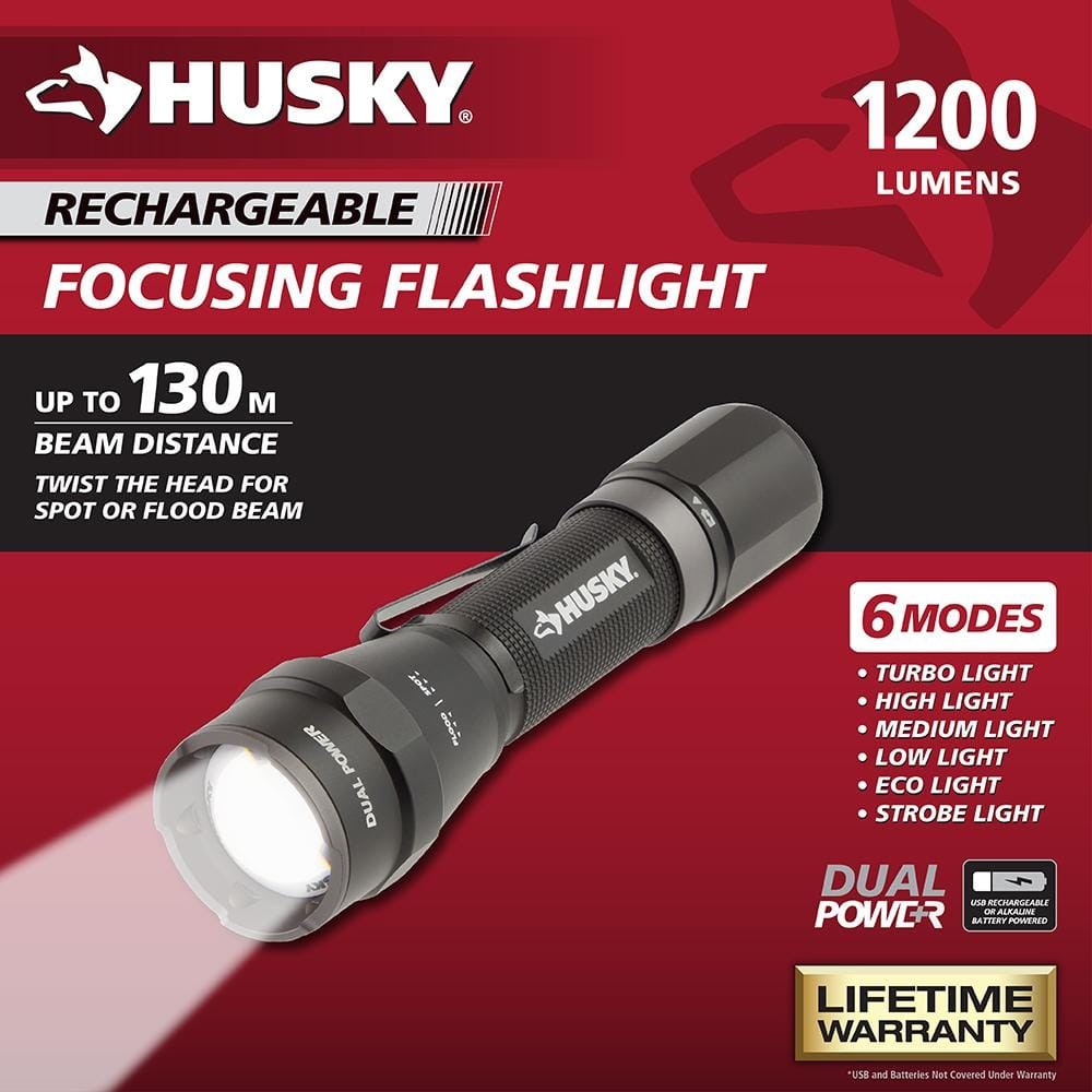 Rechargeable LED Flashlight 1200 Lumens Focus & Dual Power with USB-C