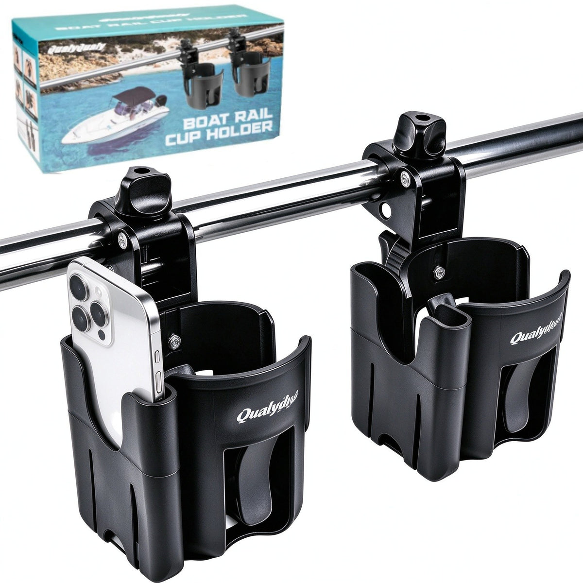 Marine Boat Rail Cup Holders 2 Pack Clamp-On 360° Adjustable Drink Holders