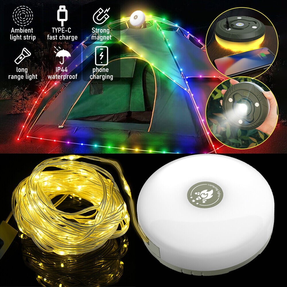 Rechargeable LED Camping String Lights with RGB & Warm Light - 33ft, Portable Tent & Garden Decor