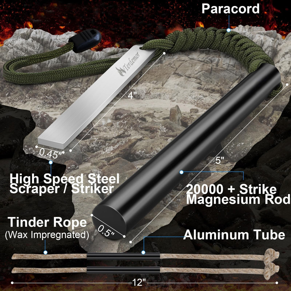 Fire Starter Ferro Rod Kit 5 Inch with Flint Steel and Paracord for Camping Survival