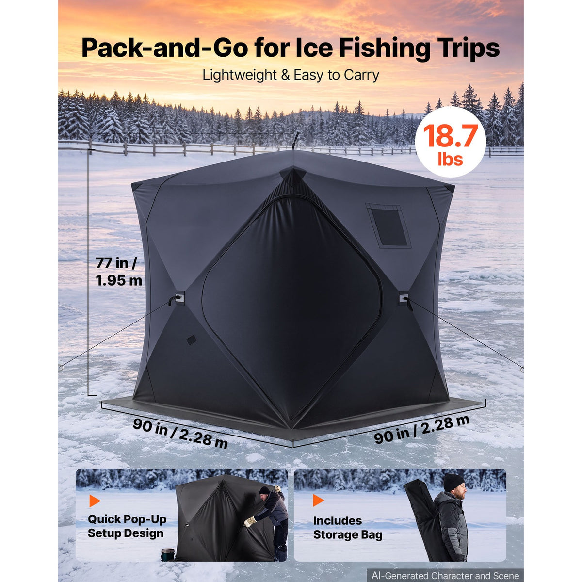 Pop-Up Ice Fishing Tent for 3-4 People - Portable 90x90x77in Shelter