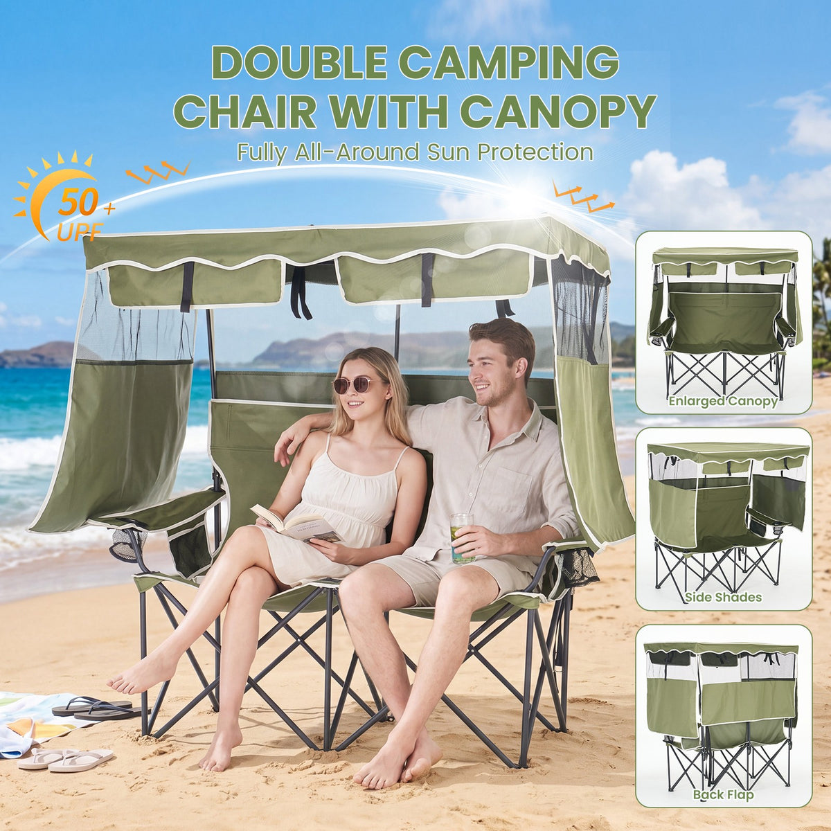 Double Camping Chair with Canopy Shade - Portable Outdoor Folding Seat for Beach & Picnic