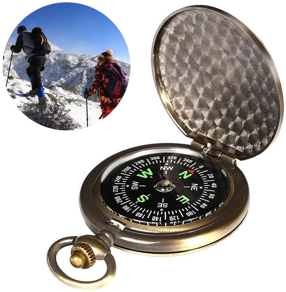 Portable Brass Survival Compass with Pocket Watch and Map for Hiking Camping