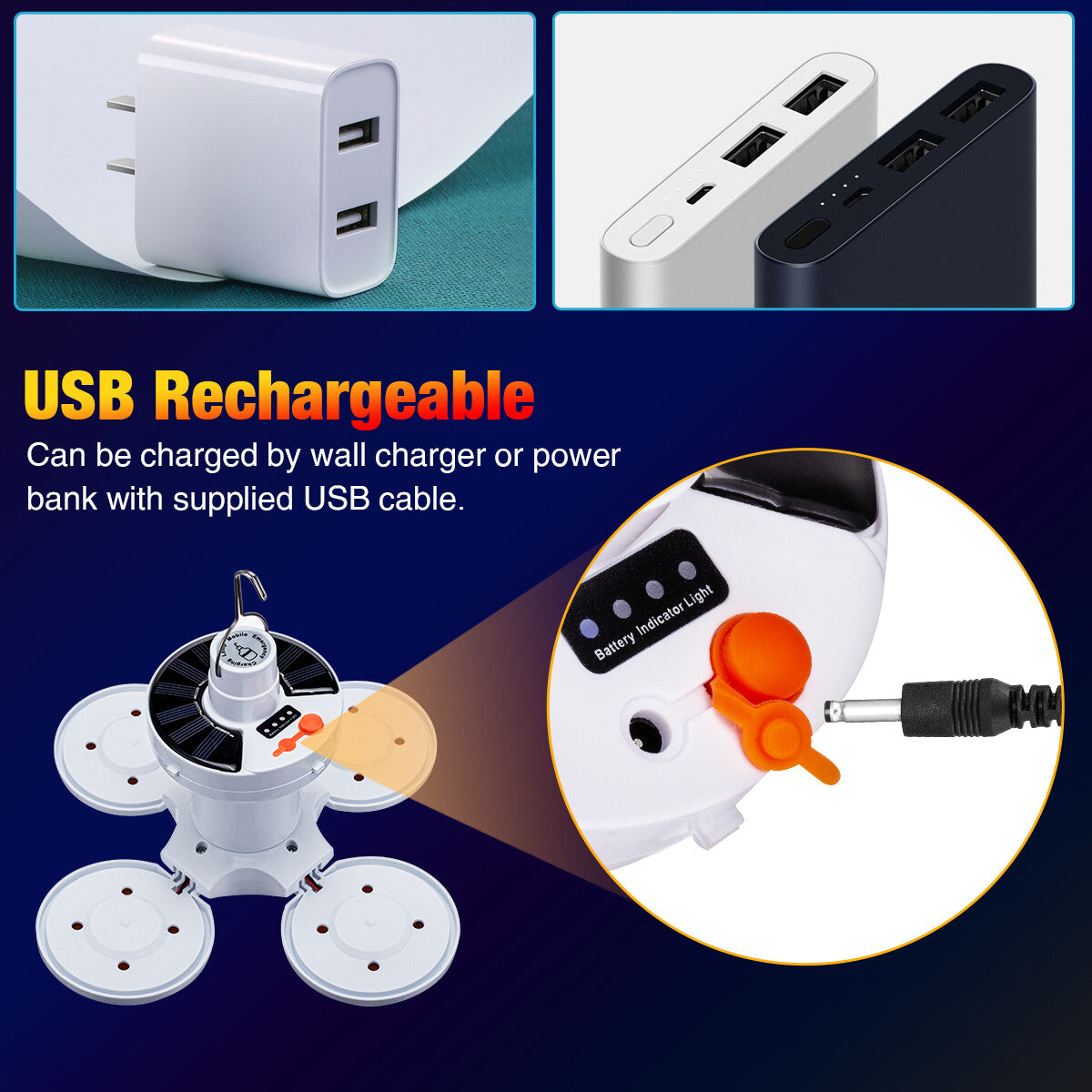 Rechargeable Solar LED Camping Light with Adjustable Brightness & Waterproof Design