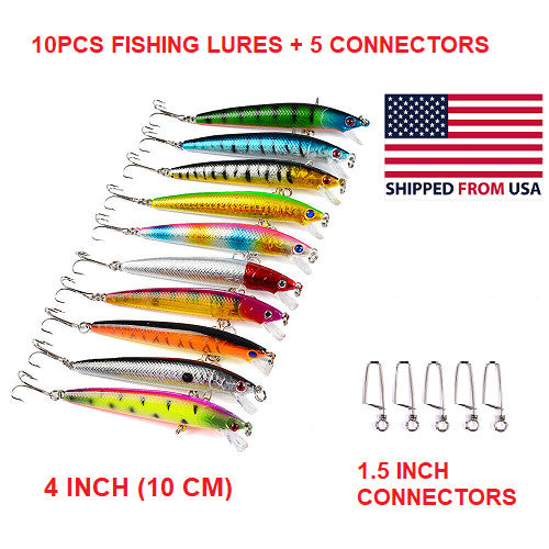 10Pcs Fishing Lures Set with Crankbaits & Connectors for Freshwater & Saltwater