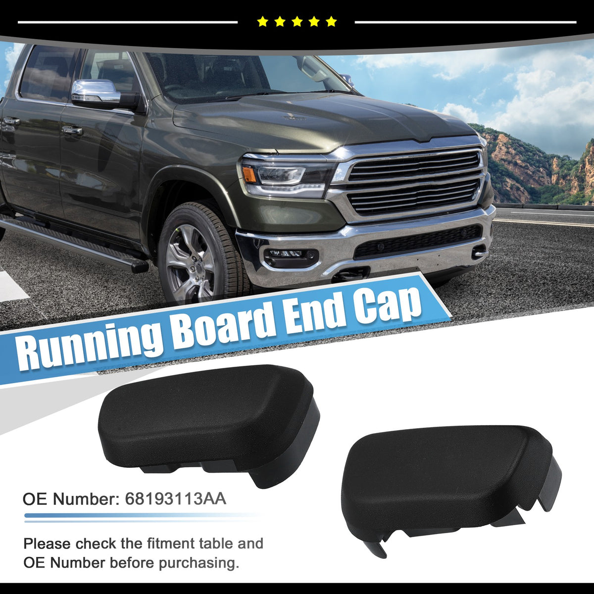 2-Piece Running Board End Caps for Ram 1500 2013-2022 Black