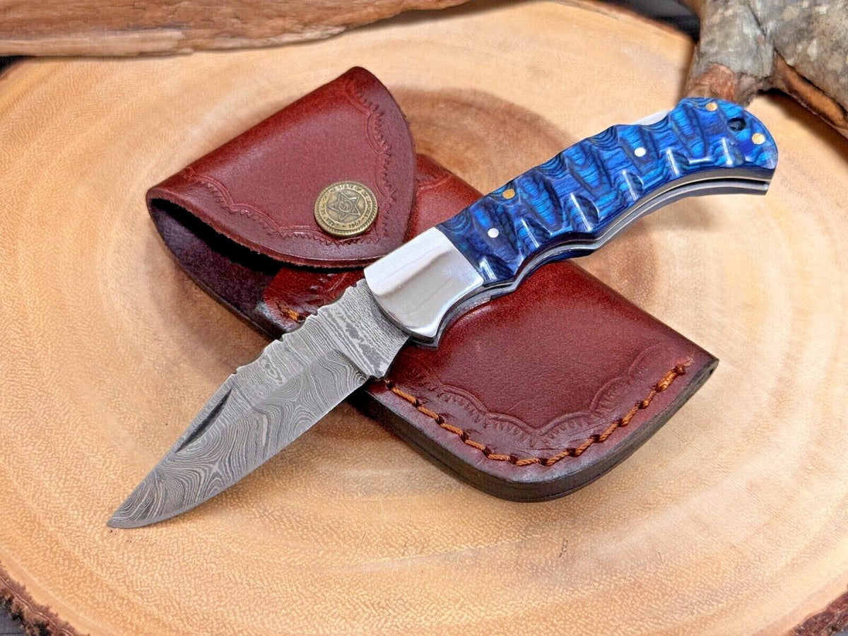 Damascus Folding Pocket Knife with Small Defects Handmade, Multiple Variants