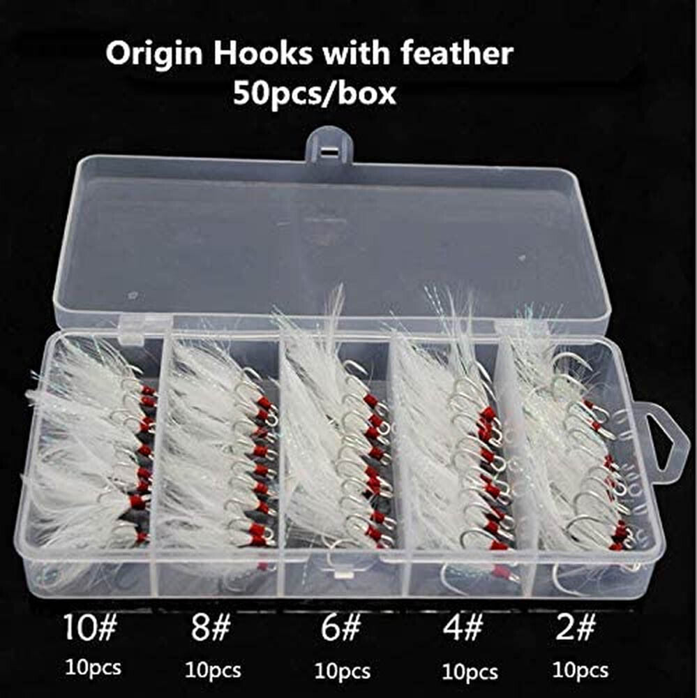 50Pcs Strong Feather Dressed Treble Fishing Hooks Set - Sizes 2-10